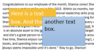 In the background there is a large section of text in a text box. There are two text boxes displayed in the foreground. The first has a yellow background with two sentences of text in white. The other is a blue text box with one sentence of text in black.
