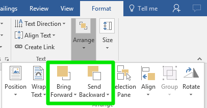 The ribbon menu on a Microsoft Word document is open on the format tab. The arrange dropdown menu has been opened allowing different options to either bring a text box forward or backward.