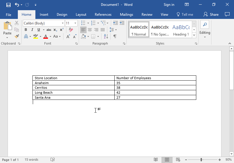 A Microsoft Word document is open with a table on it. The table has five different rows and two individual columns.