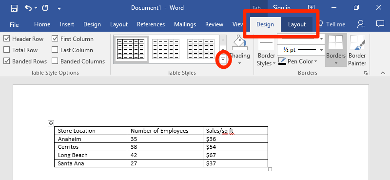 A Microsoft Word document is open with a table on it. The table has five different rows and two individual columns. A red rectangle surrounds the "Design" and "Layout" tabs on the ribbon menu.