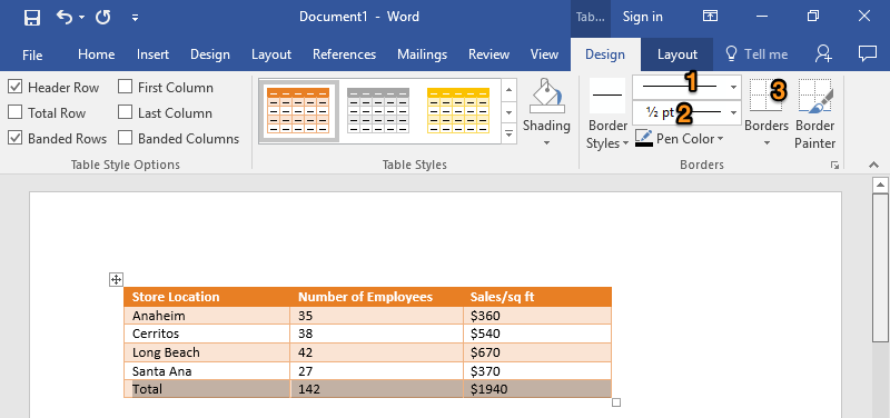 A Microsoft Word document is open with a table on it. The table has five different rows and two individual columns. The option to change the table to an orange grid table has been selected. There are 3 orange numbers. The first one represents how to change the type of border. The second changes the width or thickness of the border. The third controls which side or sides of the cell the border appears on.