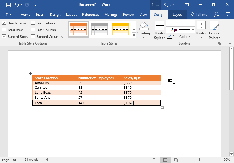 A Microsoft Word document is open with a table on it. The table has five different rows and two individual columns. The option to change the table to an orange grid table has been selected.