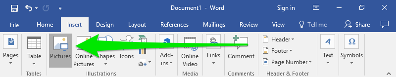 A Microsoft Word document has been opened and it is zoomed in on the ribbon menu. There is a large green arrow pointing to the pictures option underneath the "Insert" tab.
