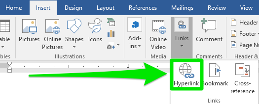 A zoom in of the ribbon menu on a Microsoft Word document is open. The "Links" tab has been selected opening up a new dropdown menu. A green arrow is pointing to a green box which is highlighting the "Hyperlink" option on the new dropdown menu.