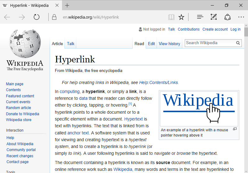 A Wikipedia page is open to a description of what a hyperlink is.