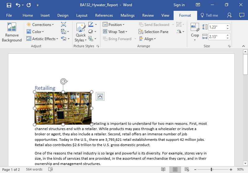 A Microsoft word document with text on it. An image of a golden shopping cart is stationary in front of the frozen foods aisle at a grocery store. The shopping cart is empty.