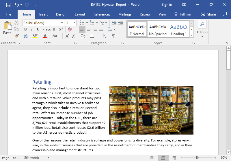 A Microsoft word document with text on it. An image of a golden shopping cart is stationary in front of the frozen foods aisle at a grocery store. The shopping cart is empty. The image has been aligned to the right and has been formatted to fit into the text. The image has been resized to be displayed bigger.