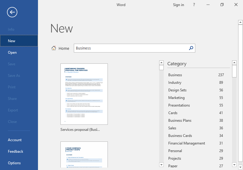 The backstage view of a Microsoft Word document is displayed. The option to create a new template is listed with options such as: business, marketing, project to choose from amongst others.