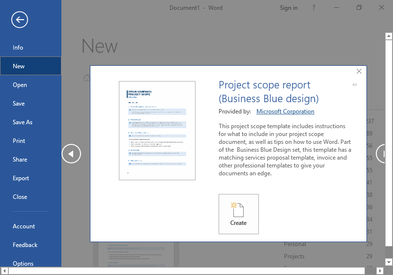 The backstage view of a Microsoft Word document is displayed. The option to create a business template has been selected providing four new options. The fist option is to close the template option and continue to search. The second and third options go hand in hand as one scrolls to the right of the template options and the other to the left. On the bottom center of the page being displayed is the option to create a new document with your selected template.