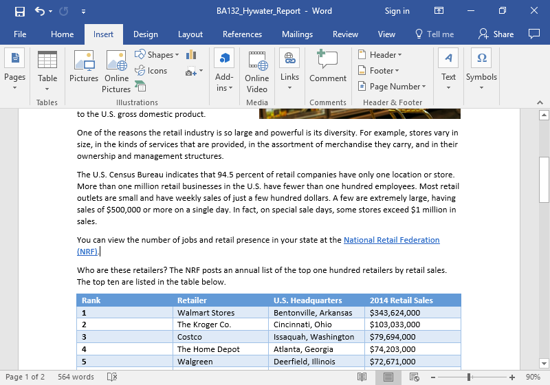 A Microsoft word document with a table on it. The table has been edited to have a blue theme. There is text displayed as well with the image of the shopping cart now barely visible.