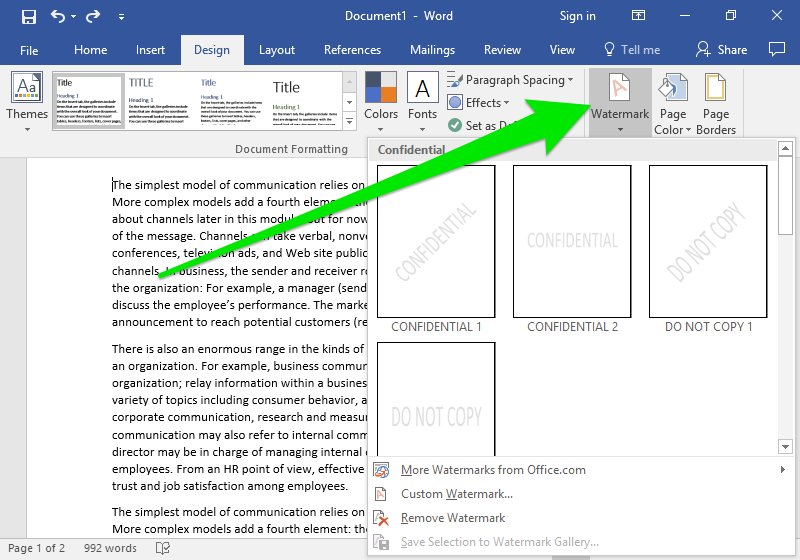 A Microsoft Word document is open with text on the page. The design tab has been selected from the ribbon menu. A green arrow is pointing towards the "Watermark" which has led to a new dropdown menu where the option to make the document confidential is found.
