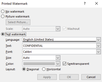 A Printed Watermark dialog box is open. The text watermark button has been selected.