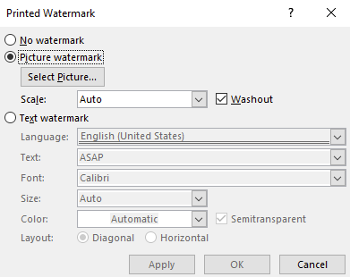 A Printed Watermark dialog box is open. The picture watermark button has been selected.