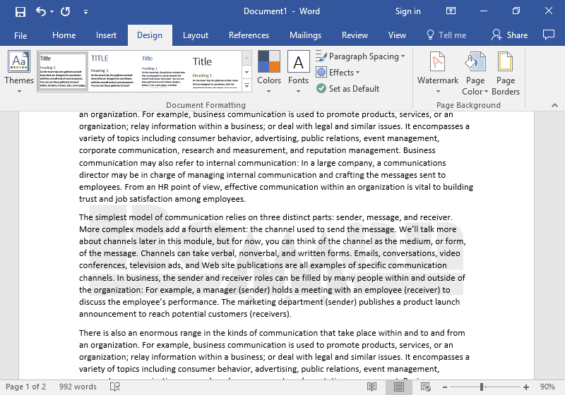 A Microsoft Word document is open with text on the page. In the background of the document the option to leave a watermark has been placed.