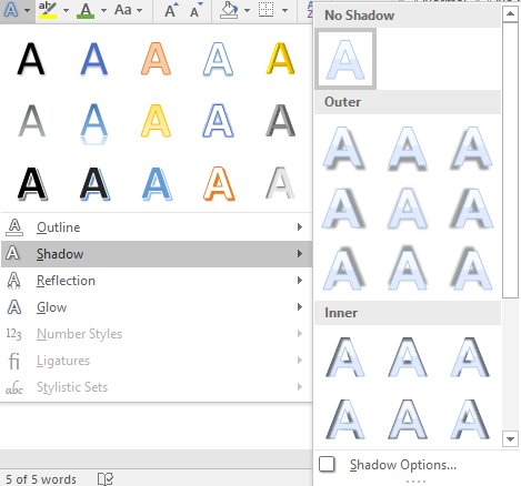 At the bottom of the text effect menu a separate menu opens up which allows you to adjust the different styles of text. There are 7 options available including: Outline, Shadow, Reflection, and Glow. Shadow has been selected displaying three new options. The first being "No Shadow" the second being "Outer" and the third being "Inner".