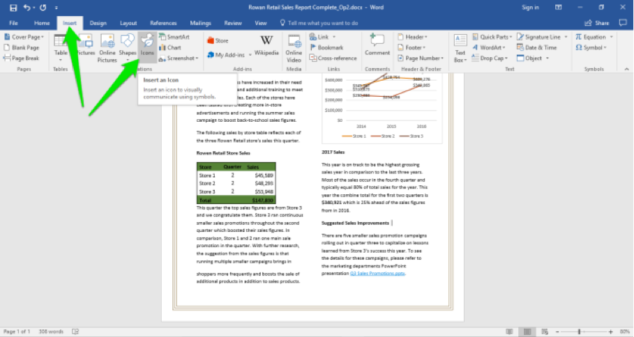 A Microsoft Word document is open with a sales report displayed. There are two green arrows displayed, one is pointing at the insert tab in the ribbon menu and the other is pointing at the icon dropdown menu.