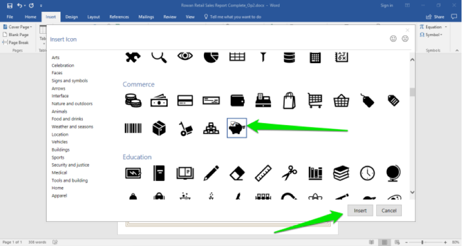 A Microsoft Word document is open with a sales report displayed. A insert icon box has opened up. There are two green arrows, the first is pointing at the selected icon and the second at the insert button.