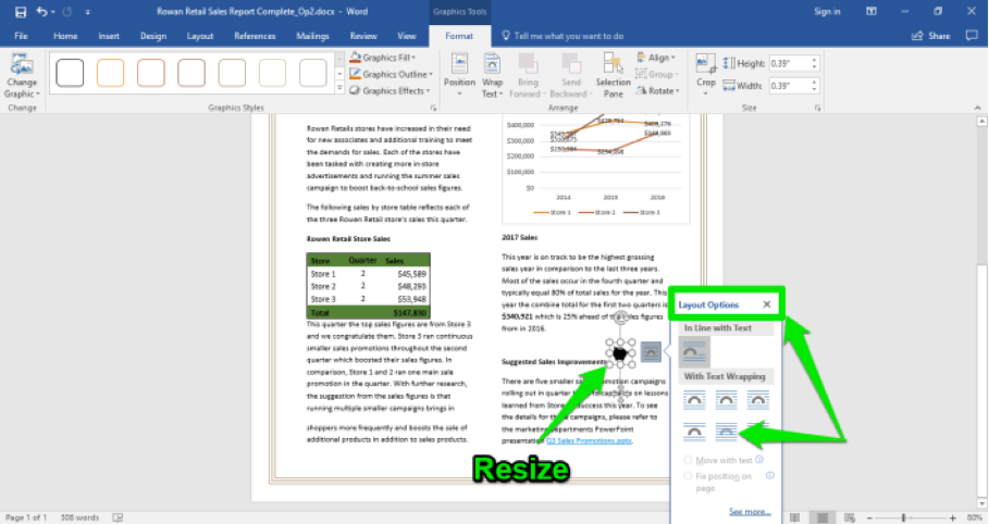 A Microsoft Word document is open with a sales report displayed. A green arrow shows how to resize the newly inserted icon and a second shows the layout options.