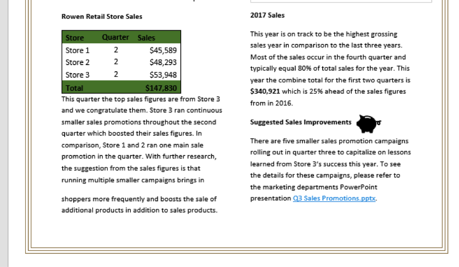 A Microsoft Word document is open with a sales report displayed.