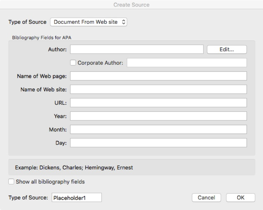 Create source dialog box in Microsoft word. There is a dropdown menu for Type of Source. Document from Website it selected. There are fields for APA citations. They are Author, with an optional Corporate Author; name of Web page; name of Web site; URL; Year; Month; and Day. There is a checkbox to show all bibliography fields, but it is unchecked.