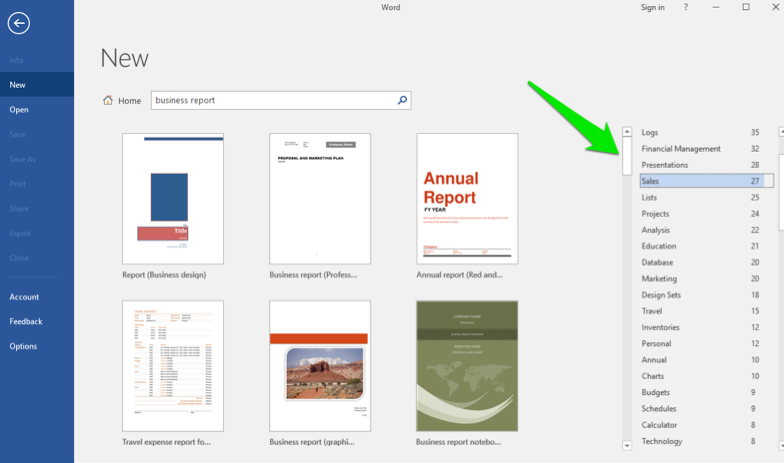 A Microsoft Word document backstage view is open. A green arrow is pointing at a menu where specific templates under the broader search can be found.