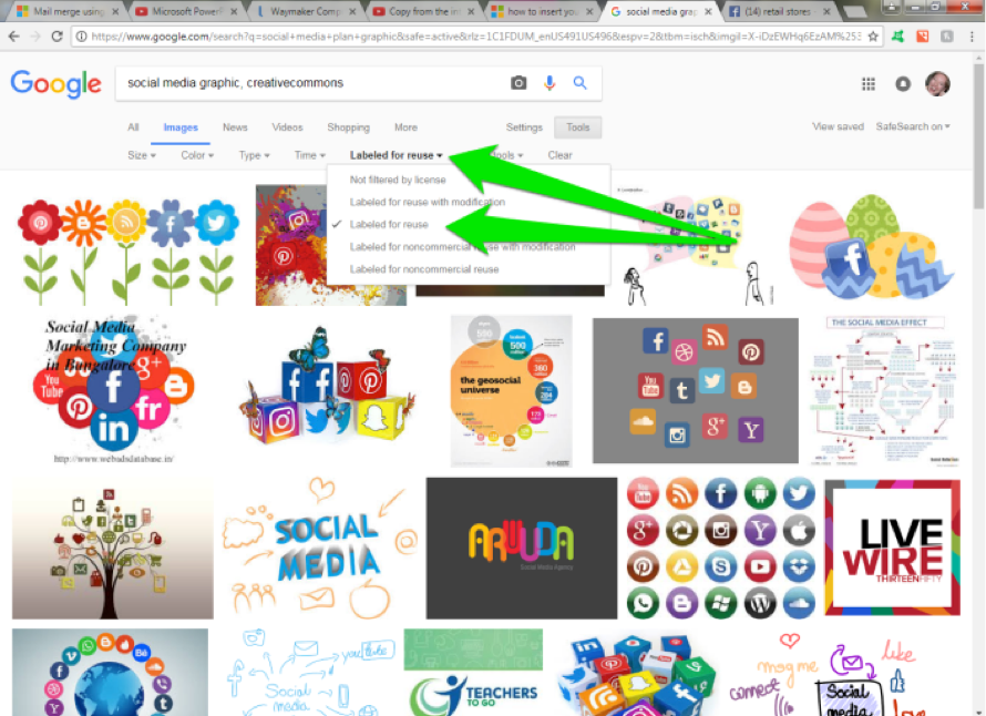 A google image search has been performed for, social media graphic with a creative commons license. Two green arrows show where to modify the search by adding in a labeled for reuse feature.