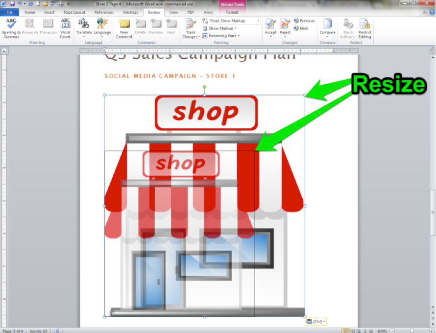 A Microsoft Word document is open with an image of a cartoon shop being displayed. There is a green arrow showing how to resize the newly inserted image.