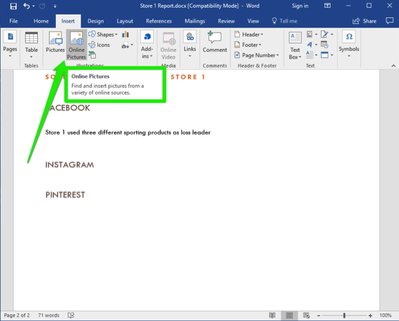 A Microsoft Word document is open. A green arrow points to where the option to insert an online picture is.