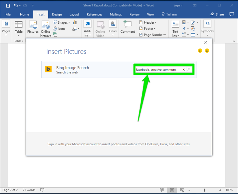 A Microsoft Word document is open. An insert pictures dialog box has been opened showing that a search for Facebook creative commons has been entered.
