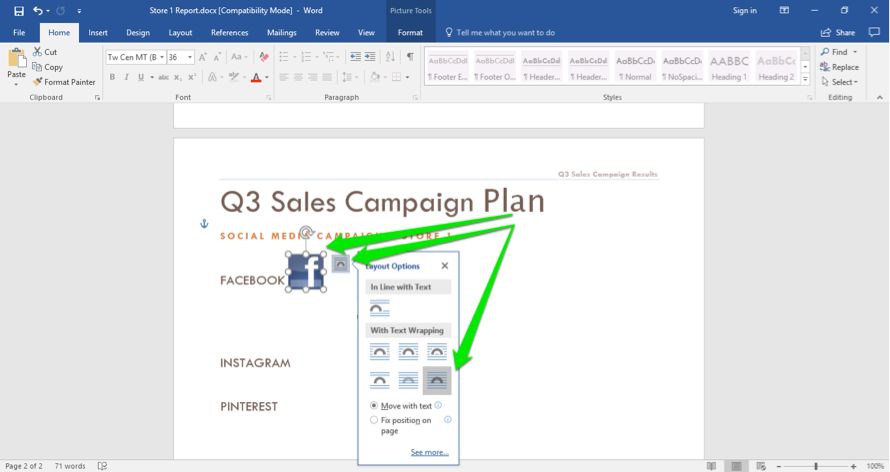 A Microsoft Word document is open. A Facebook logo has been inserted. There are three green arrows showing how to wrap the image within the text.