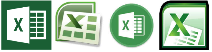 Four different versions of Microsoft Excel logos are displayed.