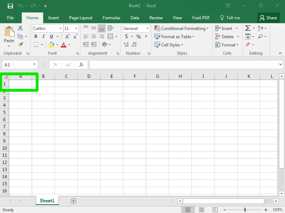 A blank Microsoft Excel sheet is open. There is a green box surrounding the first cell which is A1.