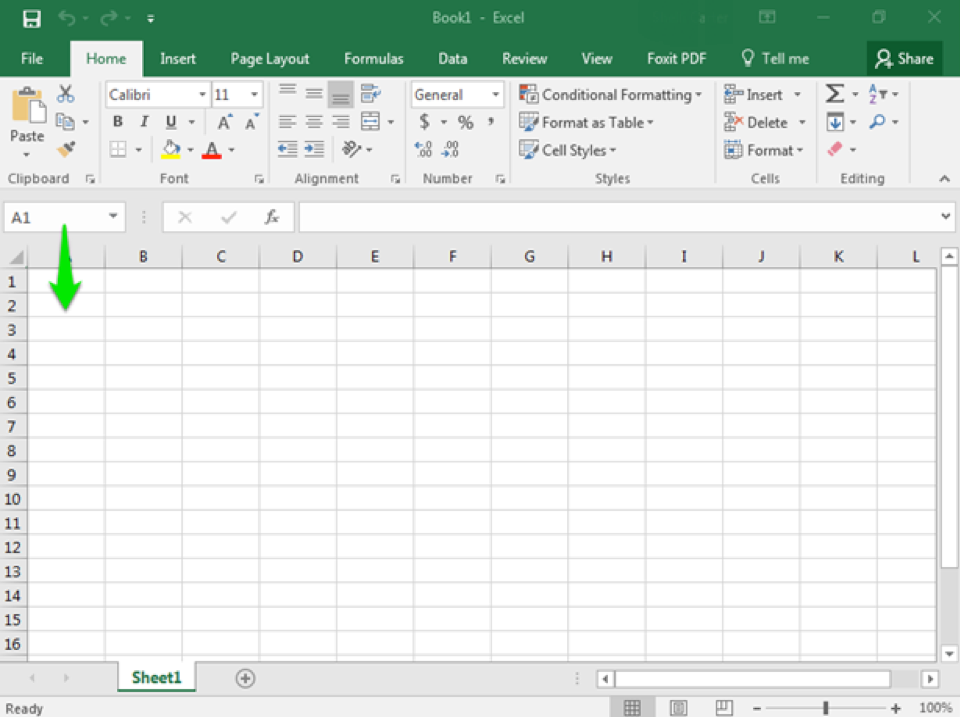 A blank Microsoft Excel sheet is open. There is a green pointing downward signaling a transition of rows from cell A1 to cell A2.