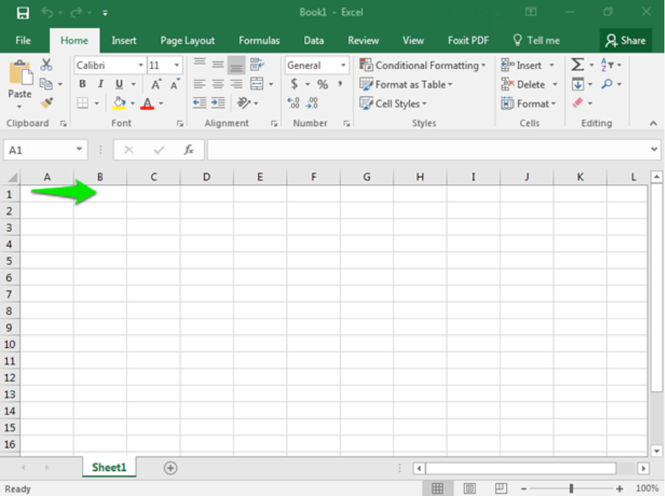 A blank Microsoft Excel sheet is open. There is a green arrow pointing to the right indicating moving columns from A1 to B1.