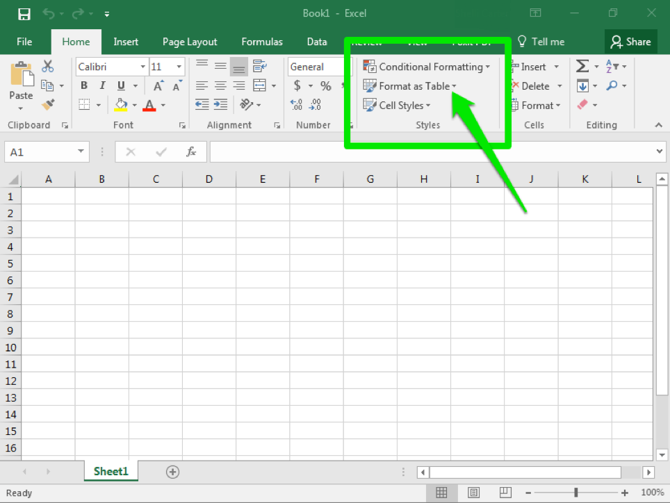 A blank Microsoft Excel sheet is open. There is a large green arrow pointing toward where the different style options are.