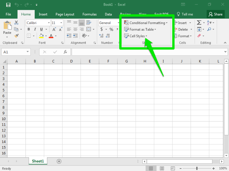 A blank Microsoft Excel document is open. A green arrow is pointing towards a green box around the styles section on the home tab. The arrow is pointing specifically at the cell styles option.