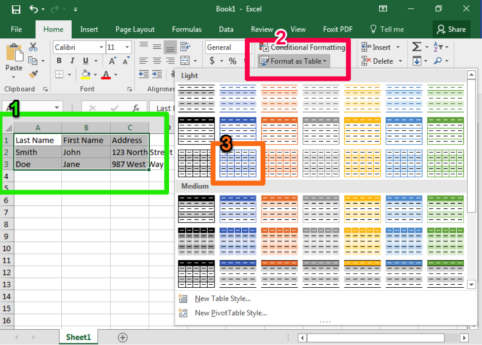 A Microsoft Excel sheet is open with text in cells A1 through C3. There are three boxes each a different color matched with a number. The first box is green and shows how you can select all the cells that belong in your table that you are creating. The second is a pink box demonstrating where the format as a table button is. The third is from a dropdown menu from the format as a table button and shows which table style to apply.