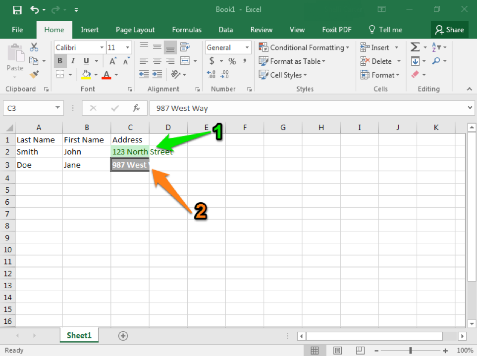 A Microsoft Excel sheet is open with text in cells A1 through C3. There is a green arrow pointing at cell C2 where the style of the text in the cell has become green. There is an orange arrow pointing at cell C3 where the cell has been styled with a gray background.
