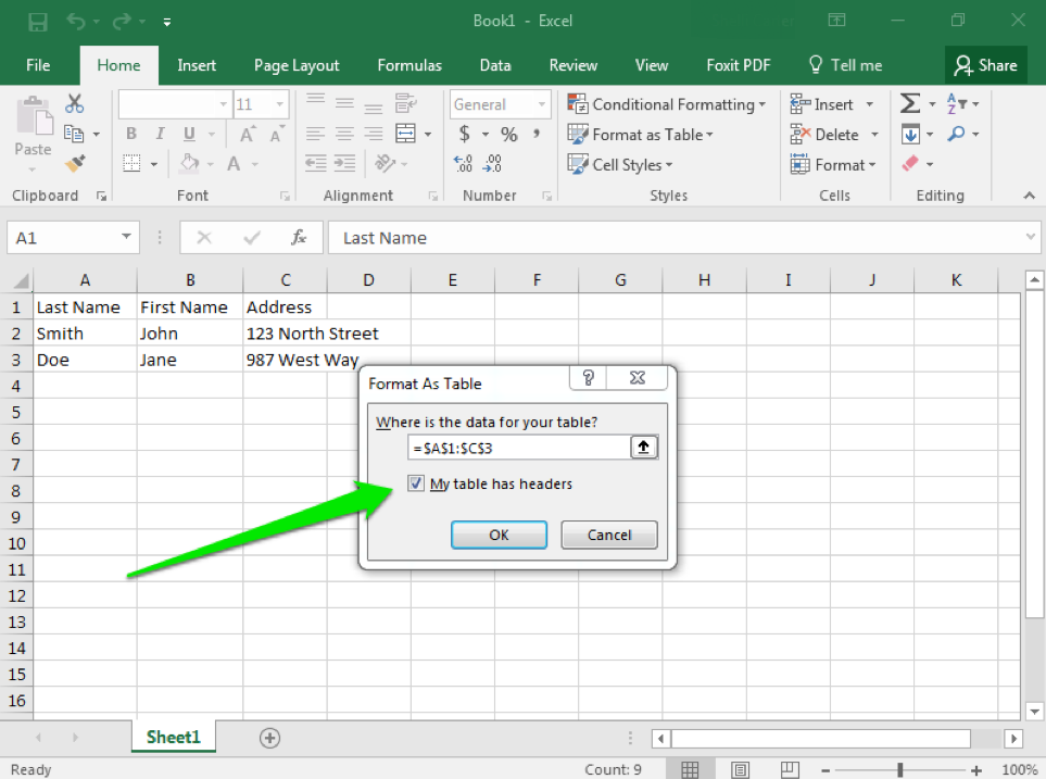 A Microsoft Excel sheet is open with text in cells A1 through C3. The format as a table dialog box has been opened. There is a green arrow pointing to the option on the dialog box to ensure that the table that is being create has headers.
