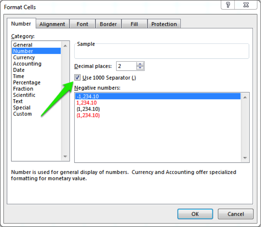 A format cells dialog box is open. In the number tab the category has also been set as number. There is a green arrow pointing at the option to "Use 1000 Separator."