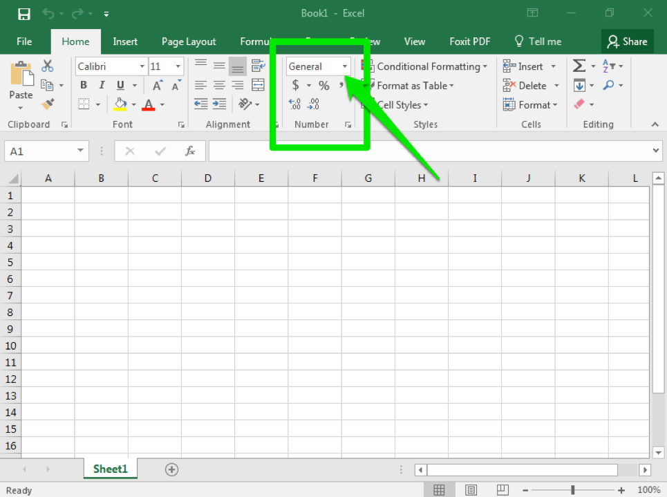 A blank Microsoft Excel sheet is open. There is a green arrow pointing at a green box showing where the number group option is.