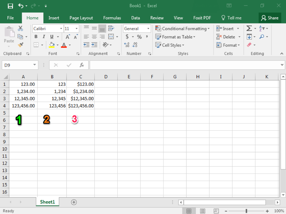 A Microsoft Excel sheet is open with numbers in columns A1 through C4. In column A there is a green number 1 showing how this column has been formatted as a comma with two decimal points. In column B there is an orange 2, this column has been formatted with a comma with no decimal points. In the third column, column C there is a pink 3 showing how this column has been formatted as a comma with two decimal points and a dollar sign.