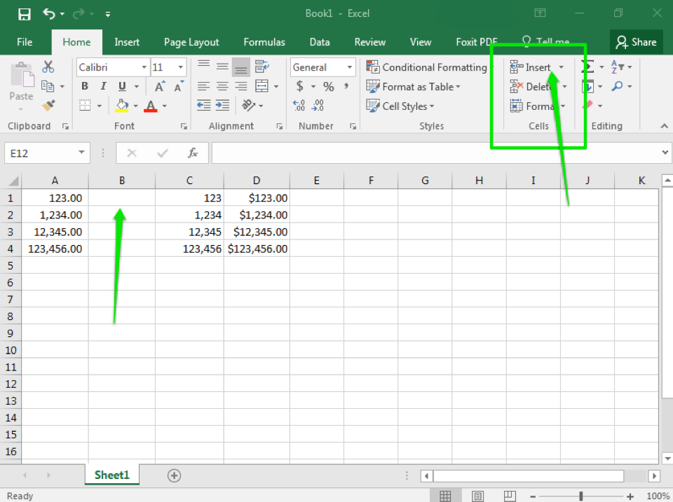 An Excel sheet is open with numbers in column A, C, and D through row 4. In column B there is a green arrow showing where a new cell column has been inserted. In the top right there is another green arrow pointing this time at a green box, specifically at the insert dropdown menu.