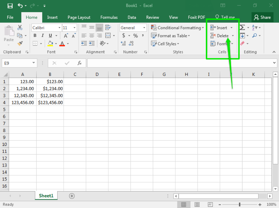 An excel sheet is open with numbers in columns A1 thorough B4. There is a green arrow pointing at a green box, specifically at the delete cells dropdown menu