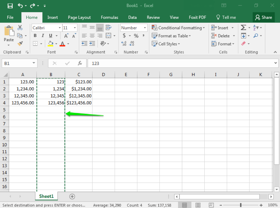 An Excel sheet is open with numbers in columns A1 through C4. There is a green arrow pointing at column B which has been selected.