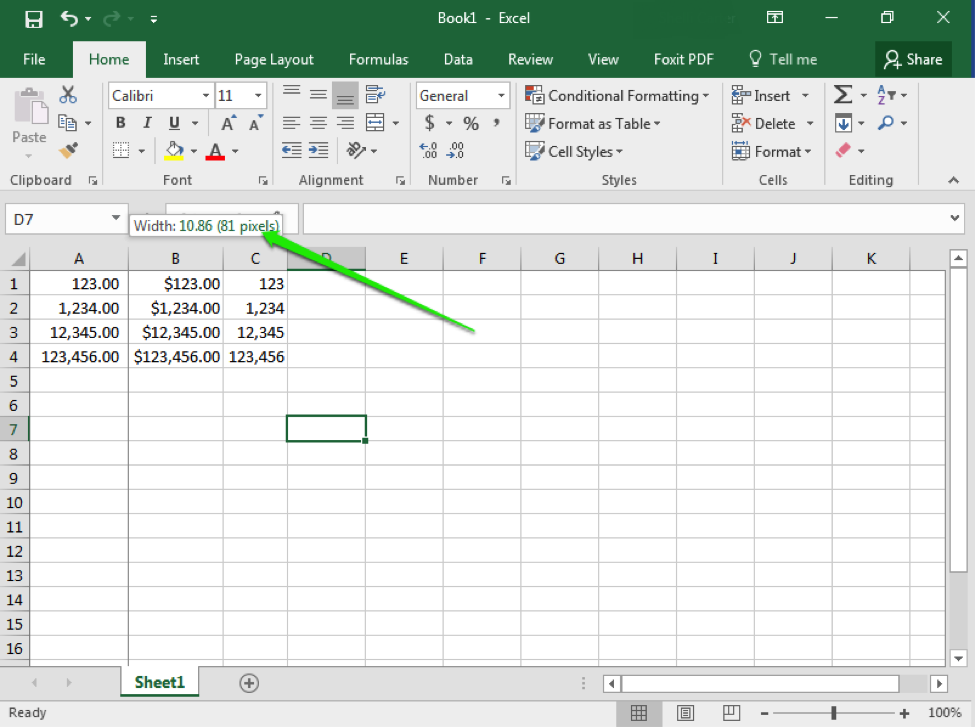 An excel sheet is open with numbers in columns A1 through C4. There is a green arrow pointing at the option to adjust the width of the cell size.