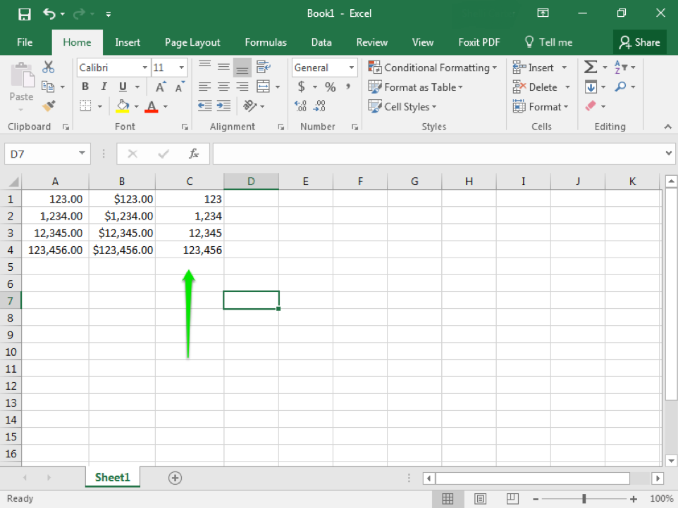An excel sheet is open with numbers in columns A1 through C4. A green arrow is pointing at cell C5.