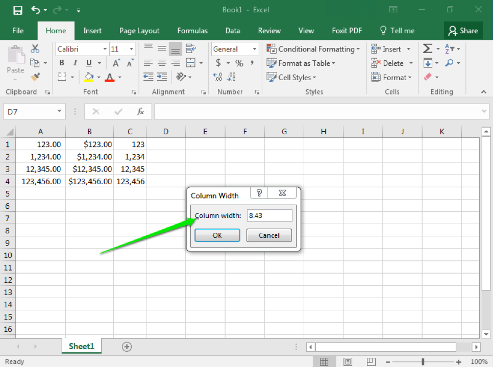 An excel sheet is open with numbers in columns A1 through C4. A column width dropdown menu has been opened showing options on how to adjust the column width.
