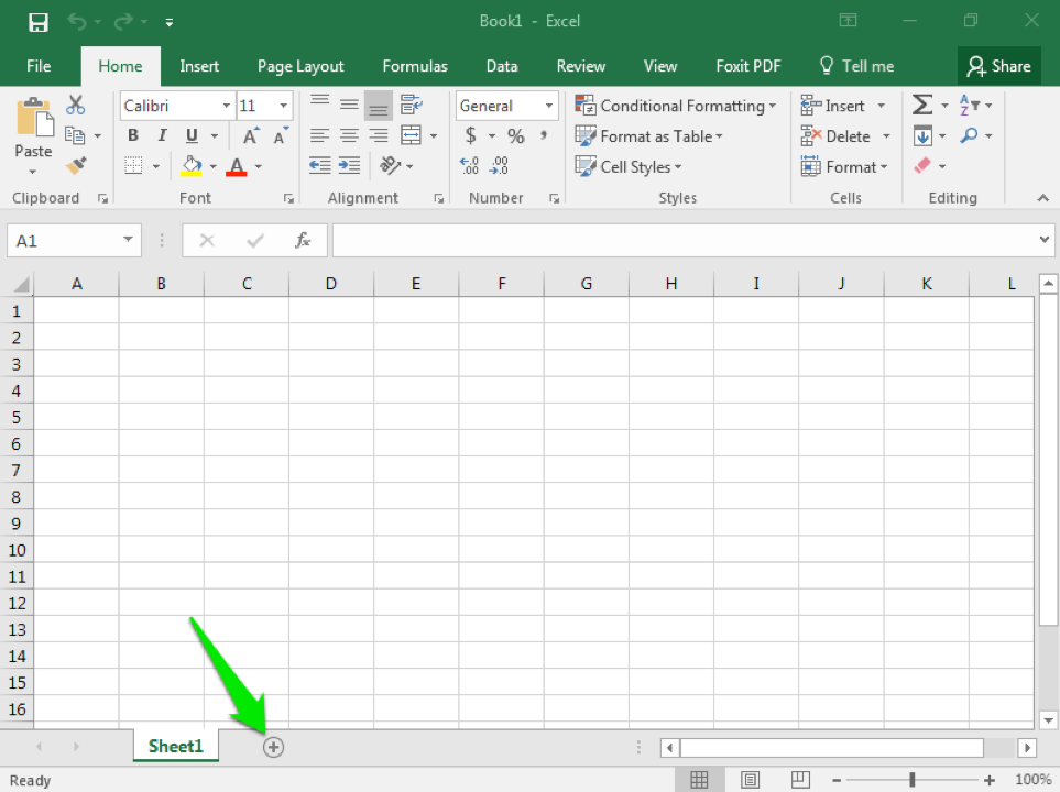 A blank excel sheet is open. A green arrow is pointing at the option to add a new sheet.