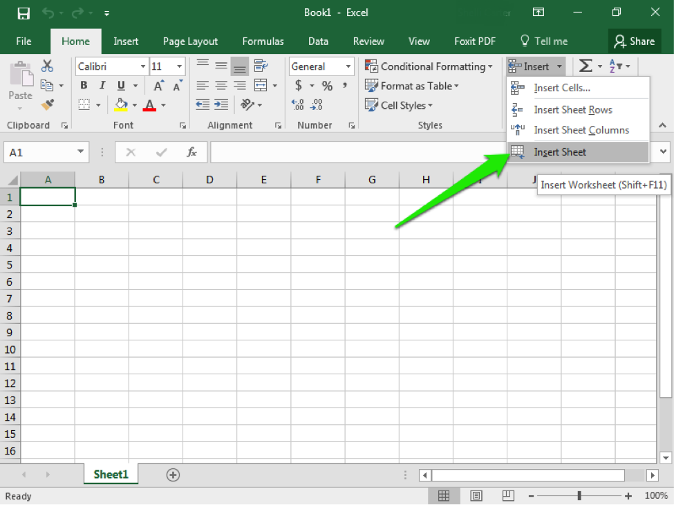 A blank excel sheet is open. There is a green arrow pointing to the insert dropdown menu, and specifically the insert sheet option.